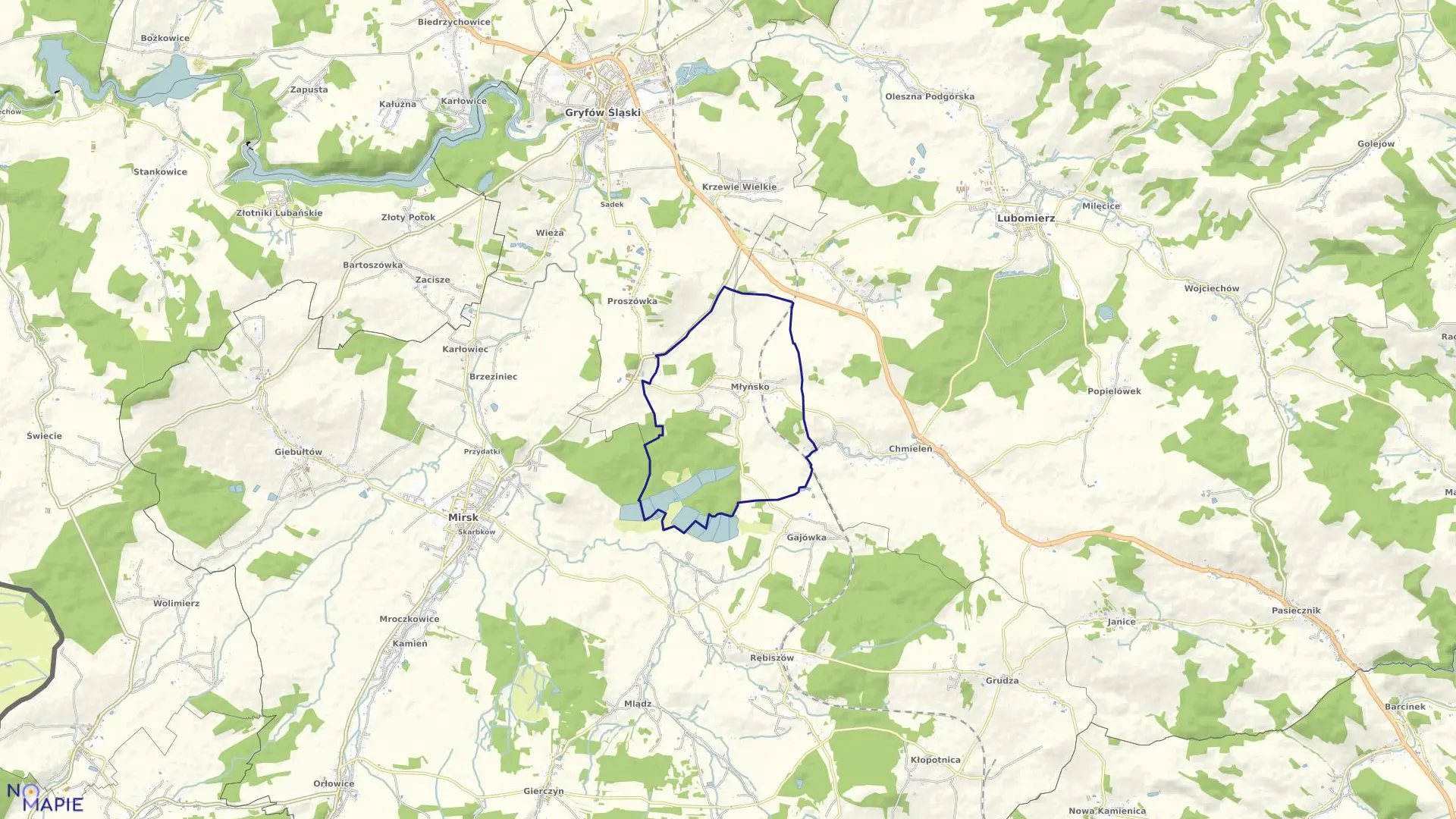 Mapa obrębu Młyńsko w gminie Gryfów Śląski